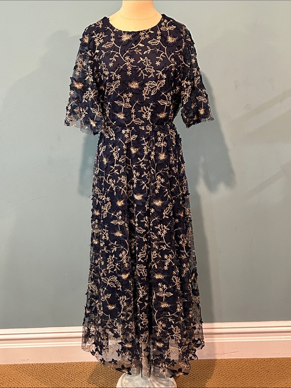 Baltic Born Arabella Embroidered Tulle Maxi Dress Navy Gold Large Wedding